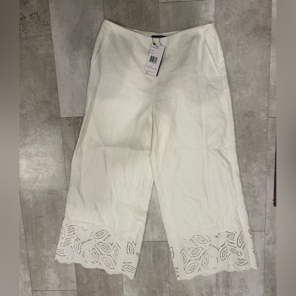 NWT Lafayette 148 White Linen Embroidered Wide-Leg Pants quiet luxury Size 4